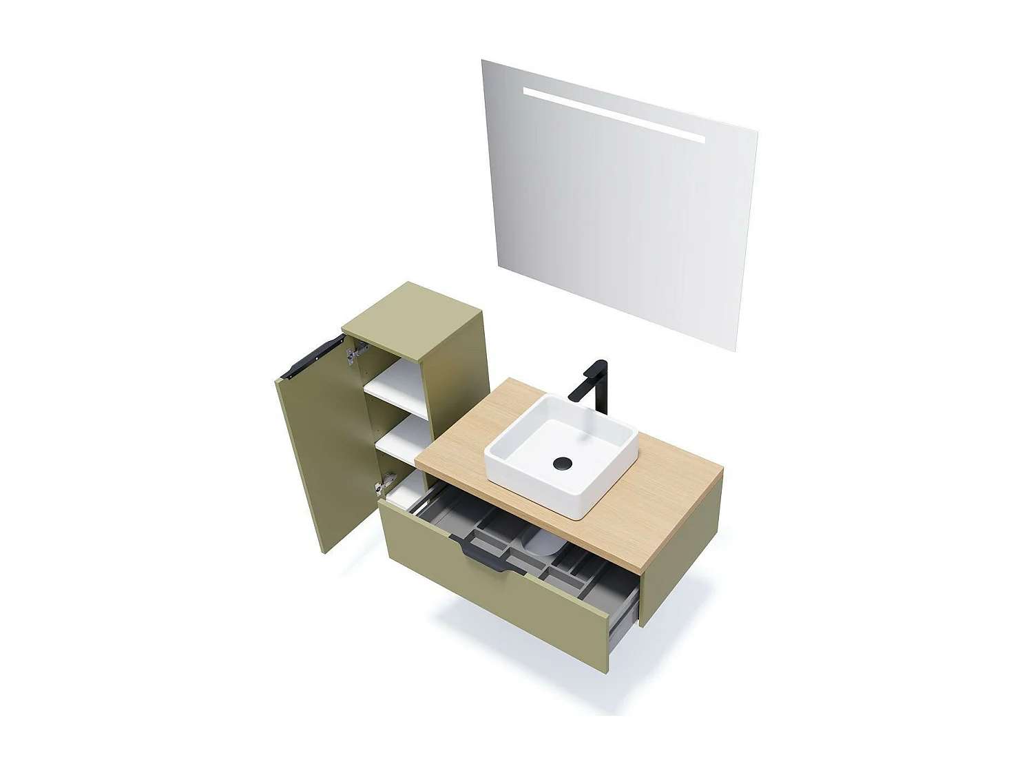 Meuble de salle de bain suspendu vasque à poser 90cm 1 tiroir Vert olive - Soho