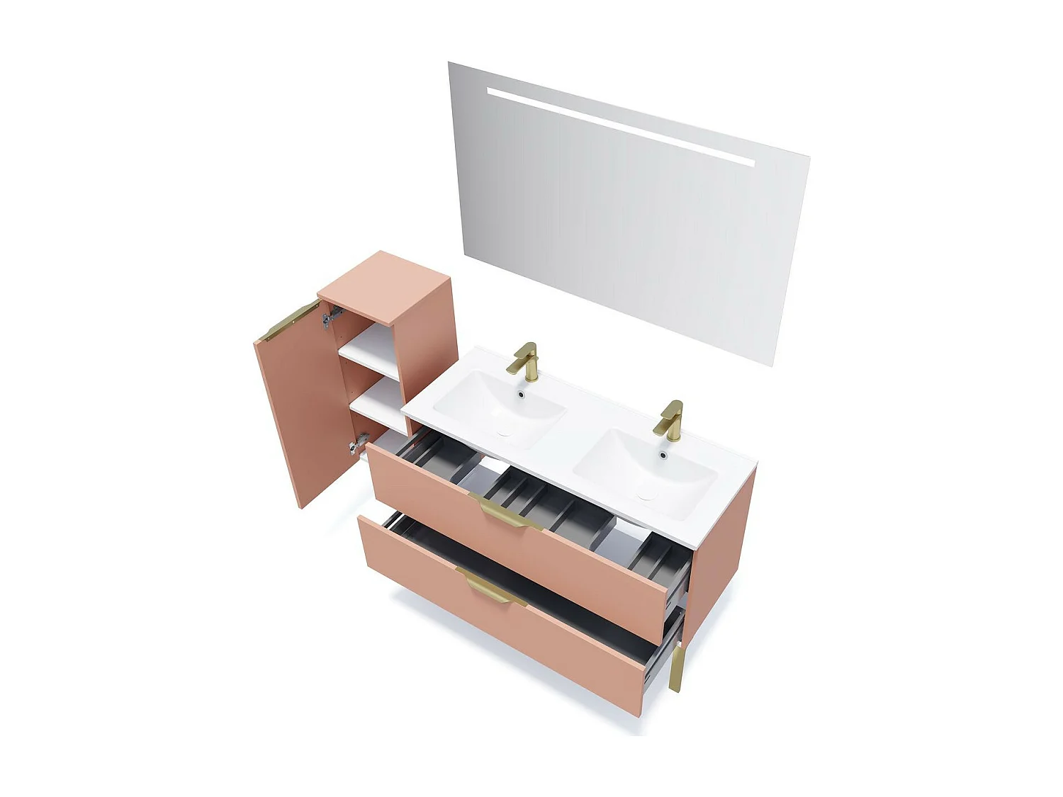 Meuble de salle de bain suspendu double vasque intégrée 120cm 2 tiroirs Abricot + miroir - Venice