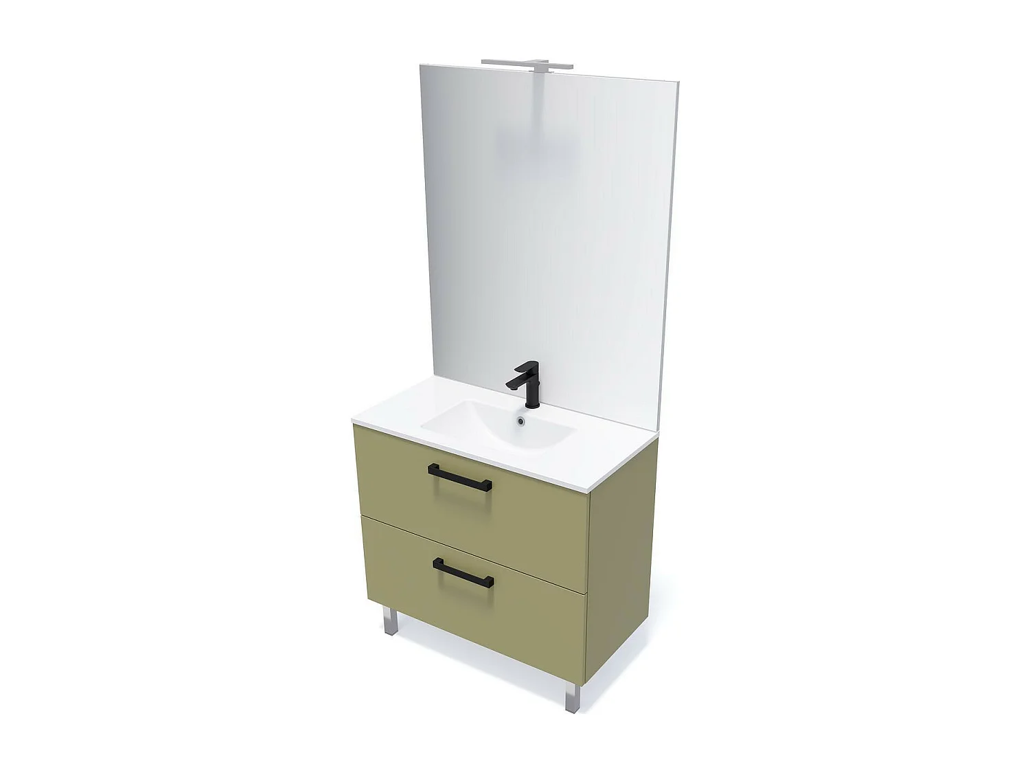 Meuble de salle de bain suspendu avec pieds vasque intégrée 90cm 2 tiroirs Vert olive + miroir - Chelsea