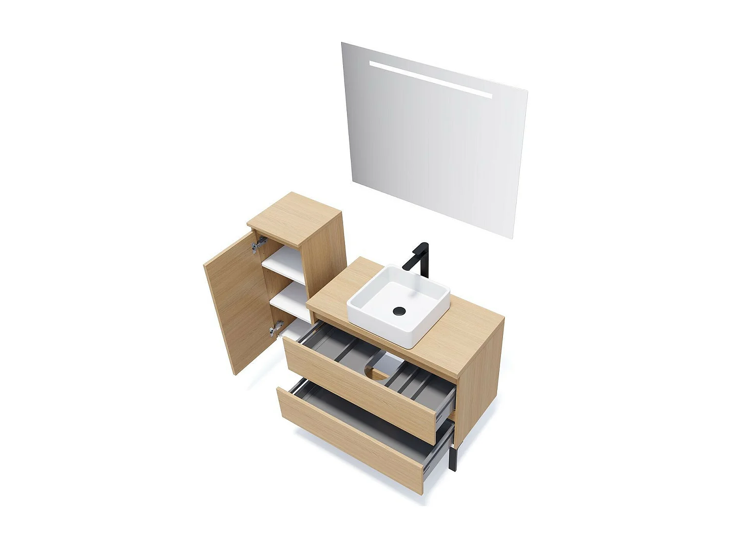 Meuble de salle de bain suspendu vasque à poser 90cm 2 tiroirs Chêne clair - Hudson