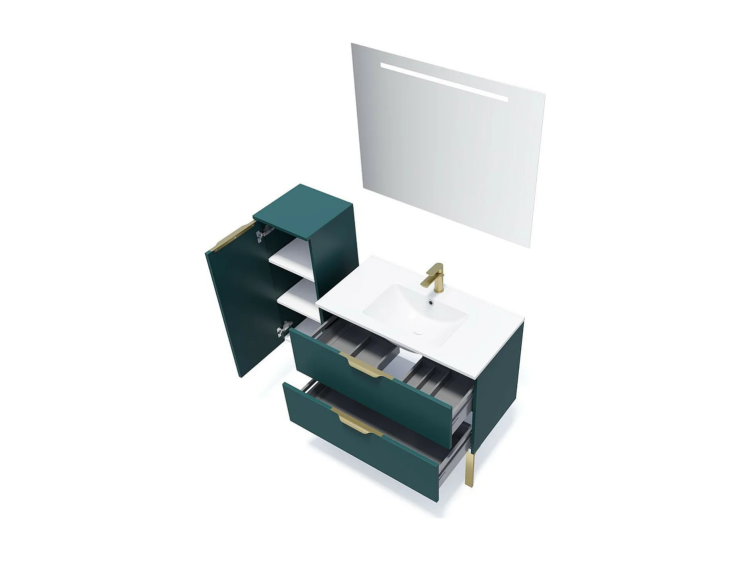 Meuble de salle de bain suspendu vasque intégrée 90cm 2 tiroirs Bleu + miroir - Venice