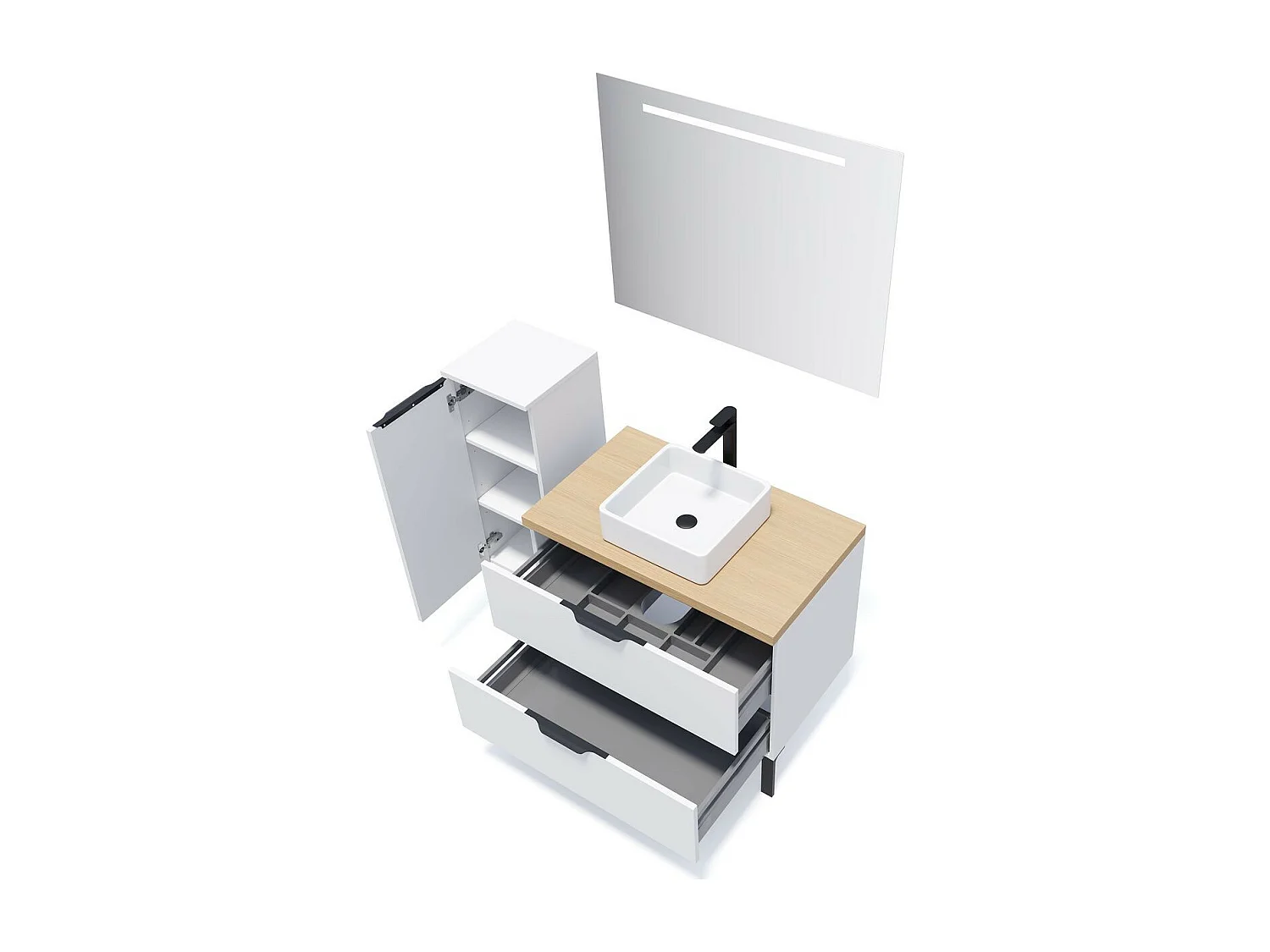 Meuble de salle de bain suspendu vasque à poser 90cm 2 tiroirs Blanc + miroir - Soho