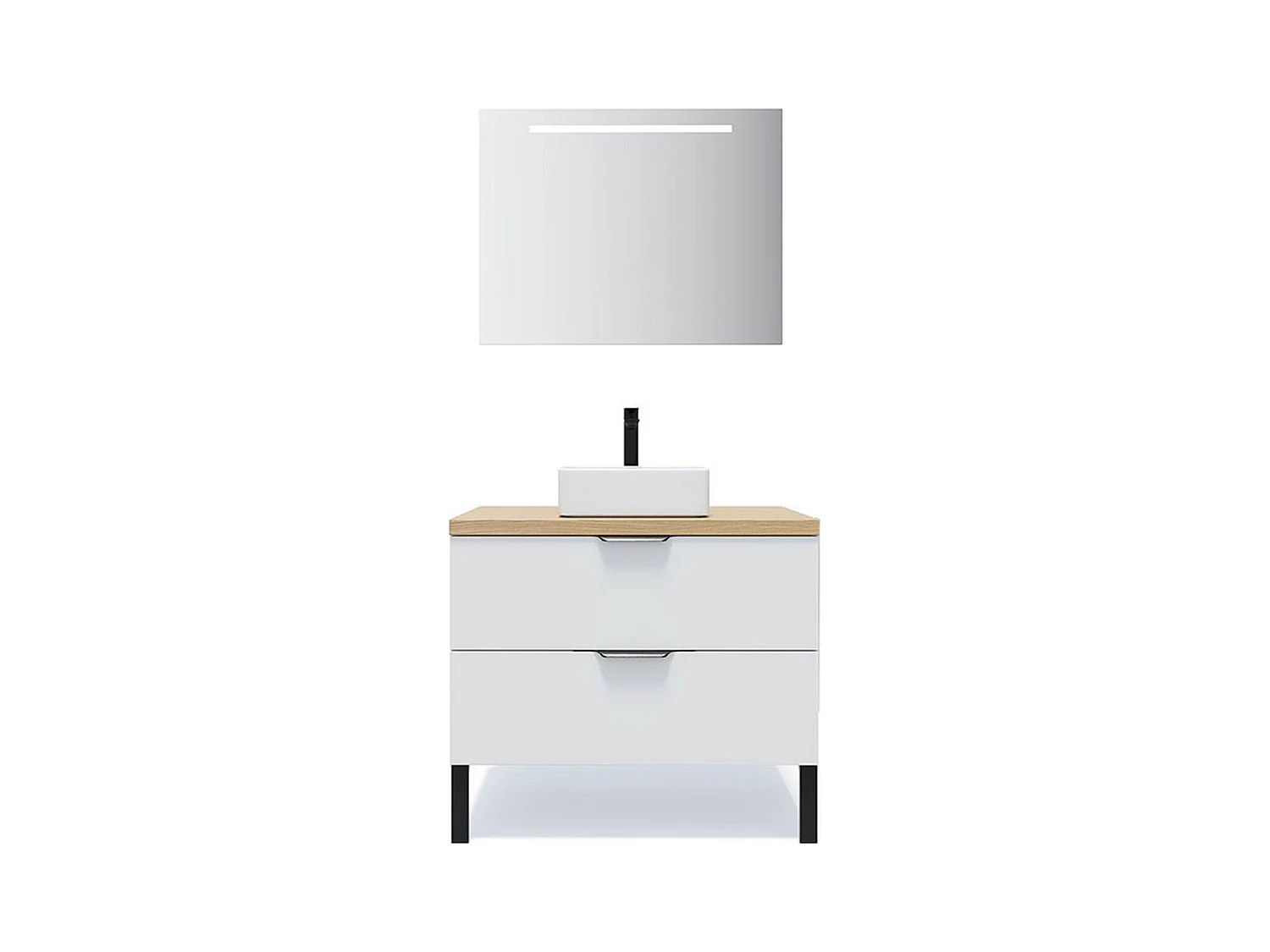 Meuble de salle de bain suspendu vasque à poser 90cm 2 tiroirs Blanc + miroir - Soho