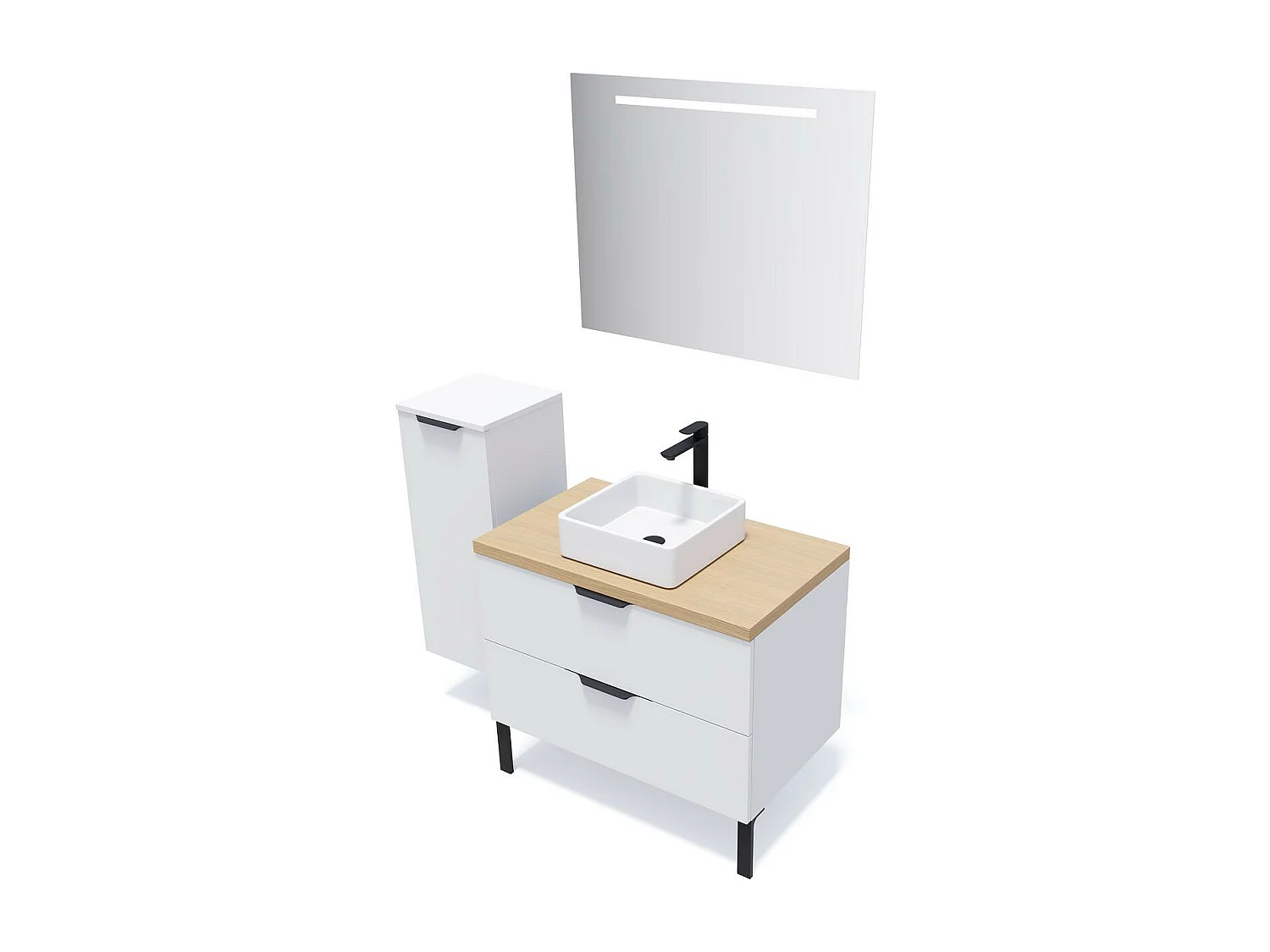 Meuble de salle de bain suspendu vasque à poser 90cm 2 tiroirs Blanc + miroir - Soho