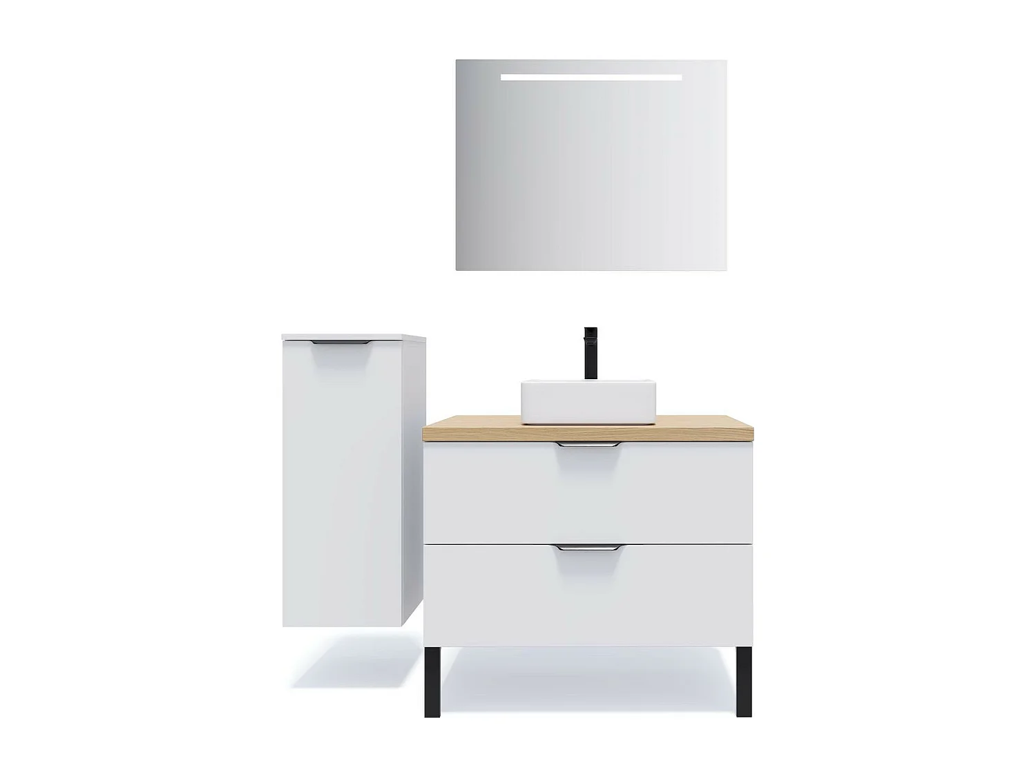 Meuble de salle de bain suspendu vasque à poser 90cm 2 tiroirs Blanc + miroir - Soho