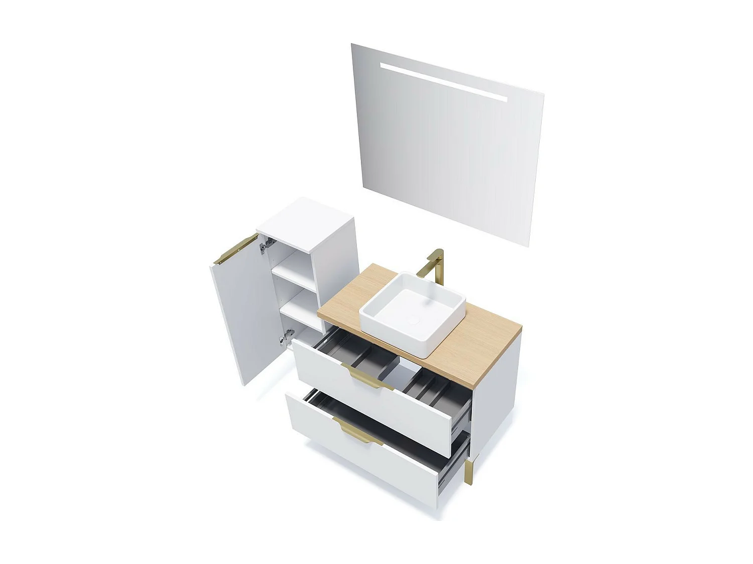 Meuble de salle de bain suspendu vasque à poser 90cm 2 tiroirs Blanc + miroir - Venice