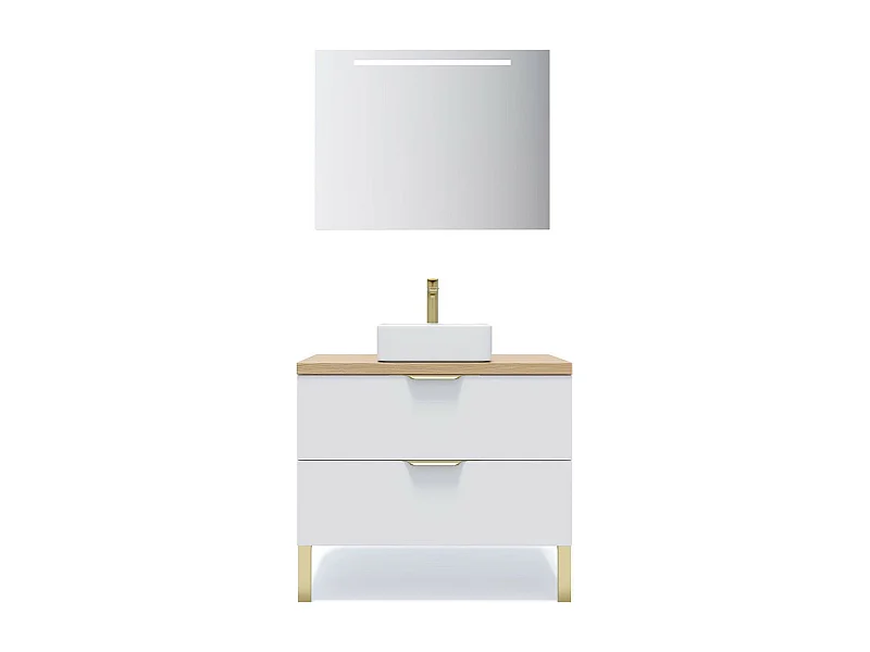 Meuble de salle de bain suspendu vasque à poser 90cm 2 tiroirs Blanc + miroir - Venice