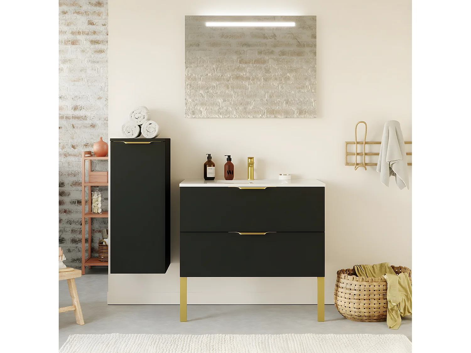 Meuble de salle de bain suspendu vasque intégrée 90cm 2 tiroirs Noir + miroir - Venice