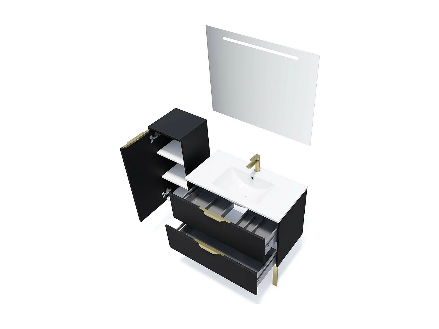 Meuble de salle de bain suspendu vasque intégrée 90cm 2 tiroirs Noir + miroir - Venice