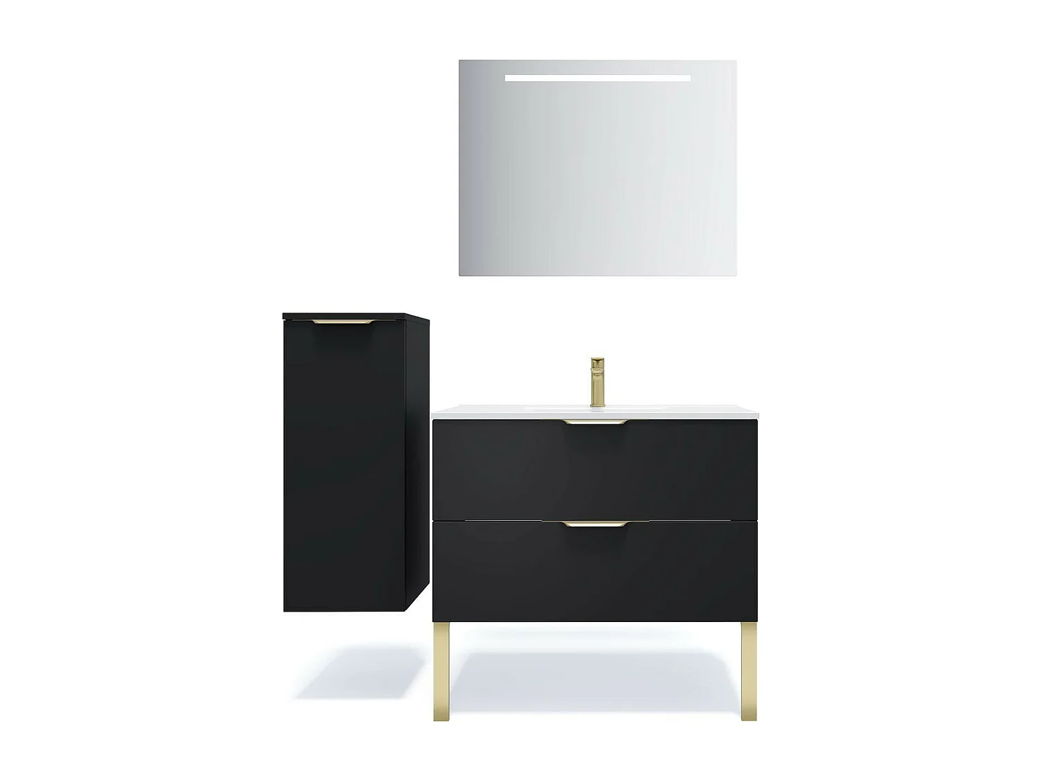 Meuble de salle de bain suspendu vasque intégrée 90cm 2 tiroirs Noir + miroir - Venice