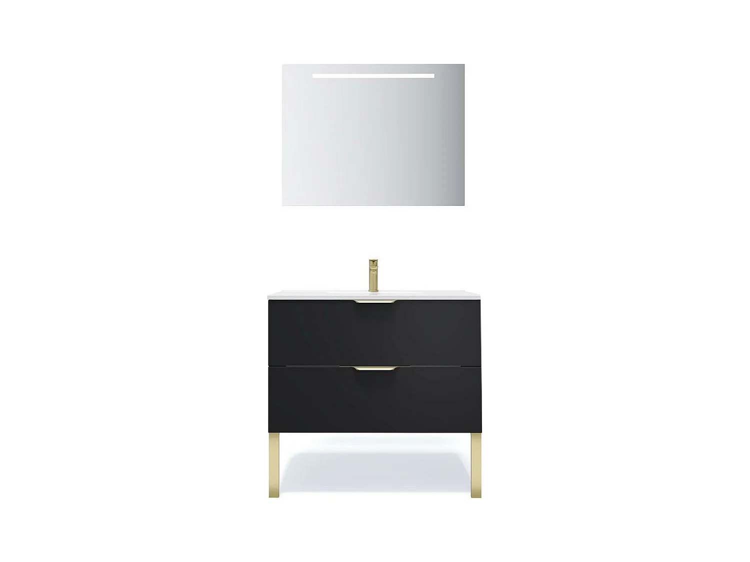 Meuble de salle de bain suspendu vasque intégrée 90cm 2 tiroirs Noir + miroir - Venice