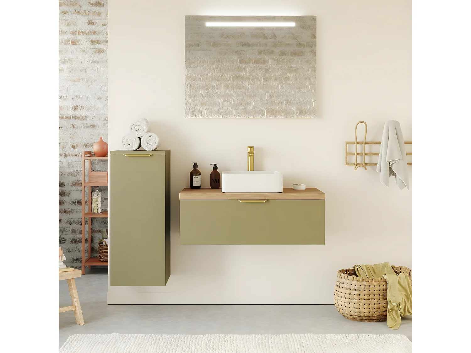 Meuble de salle de bain suspendu vasque à poser 90cm 1 tiroir Vert olive - Venice
