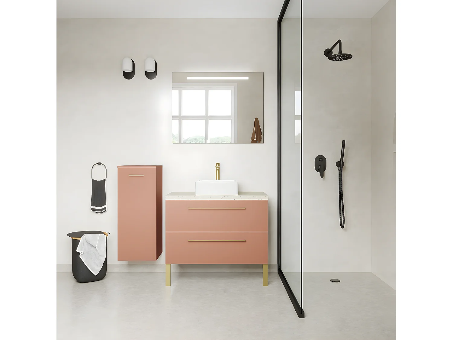 Meuble de salle de bain suspendu vasque à poser 90cm 2 tiroirs Abricot - Glasgow