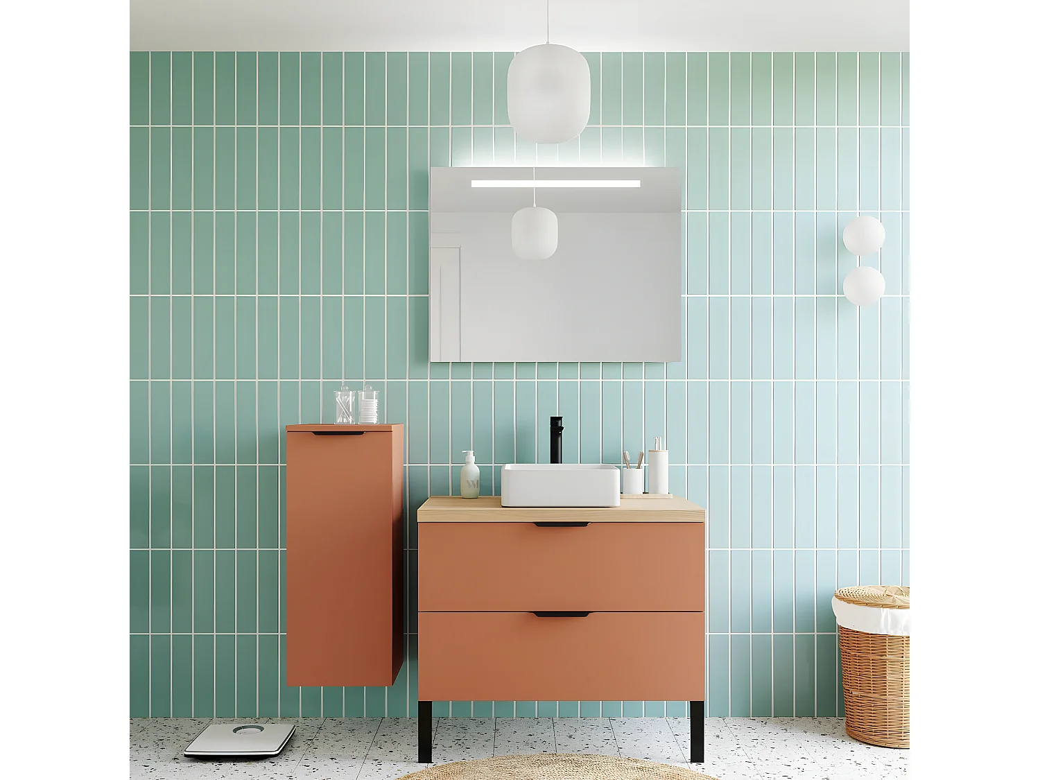 Meuble de salle de bain suspendu vasque à poser 90cm 2 tiroirs Terracotta - Soho