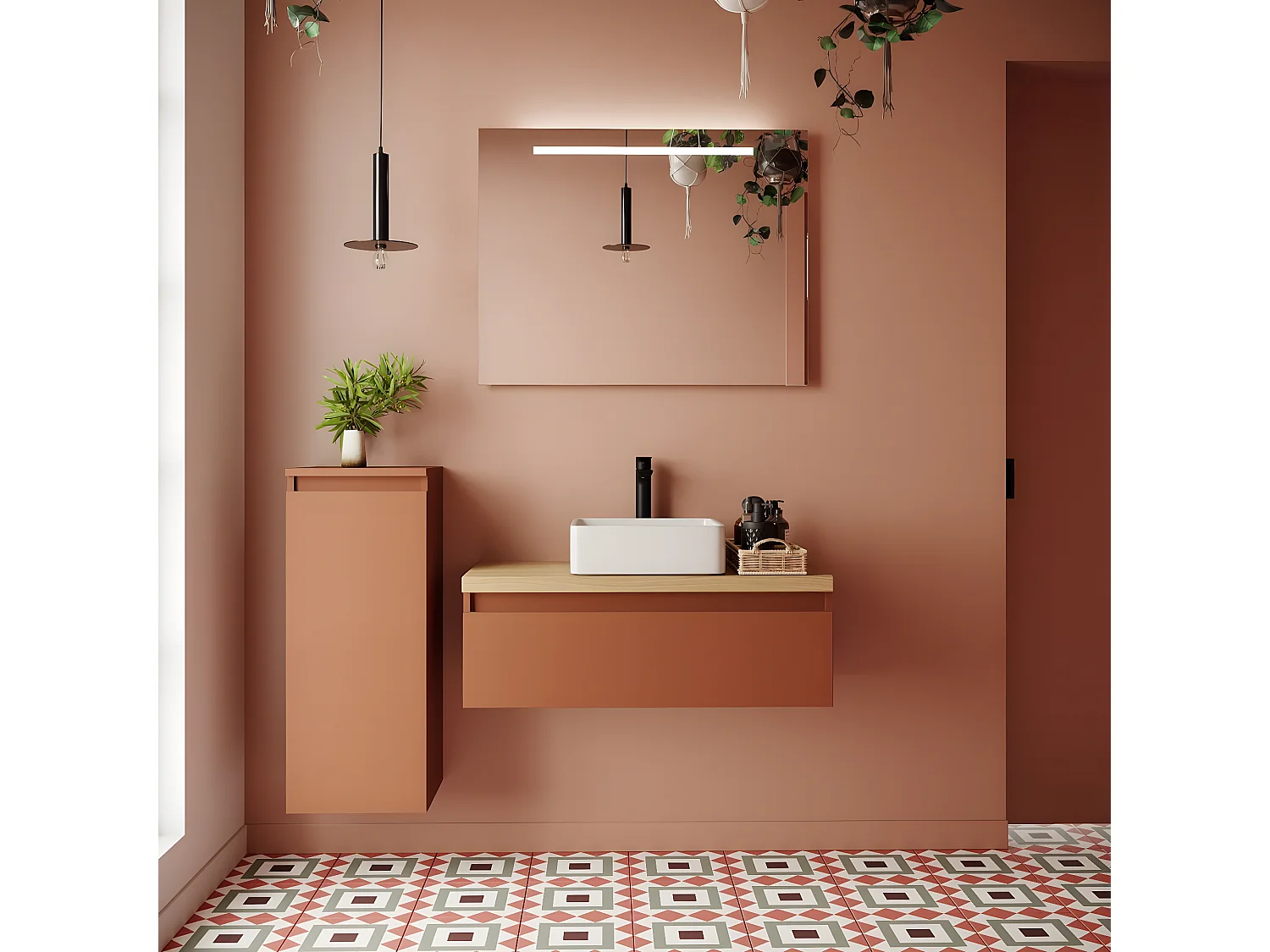 Meuble de salle de bain suspendu vasque à poser 90cm 1 tiroir Terracotta - Hudson
