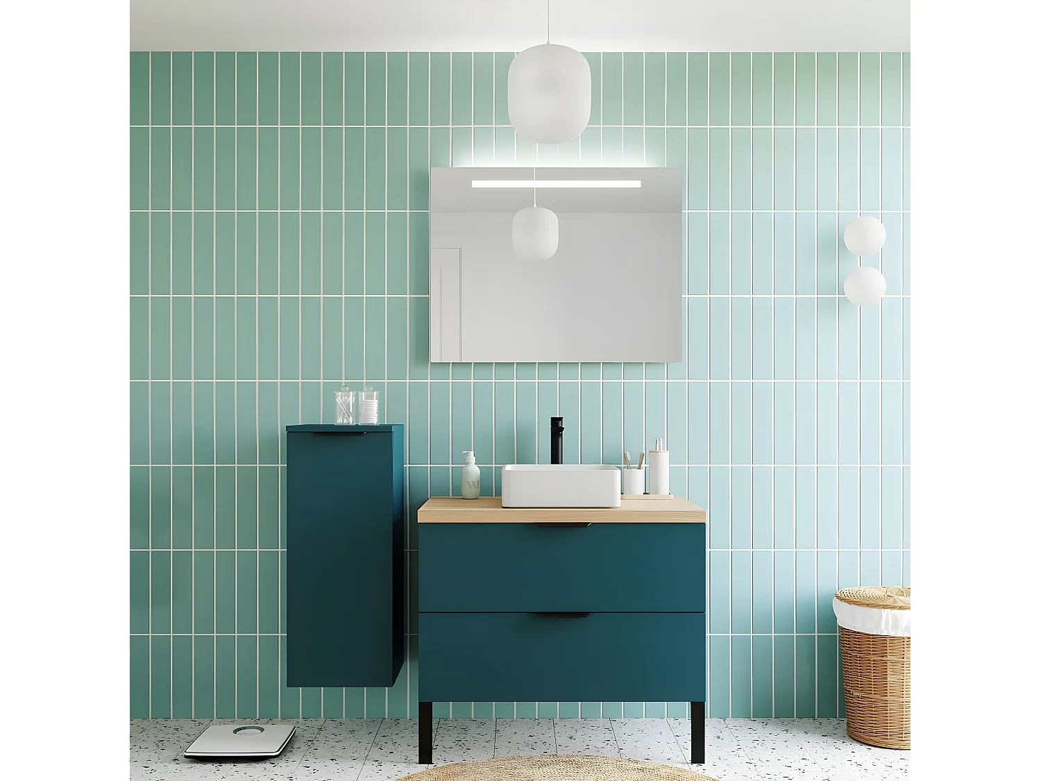 Meuble de salle de bain suspendu vasque à poser 90cm 2 tiroirs Bleu - Soho