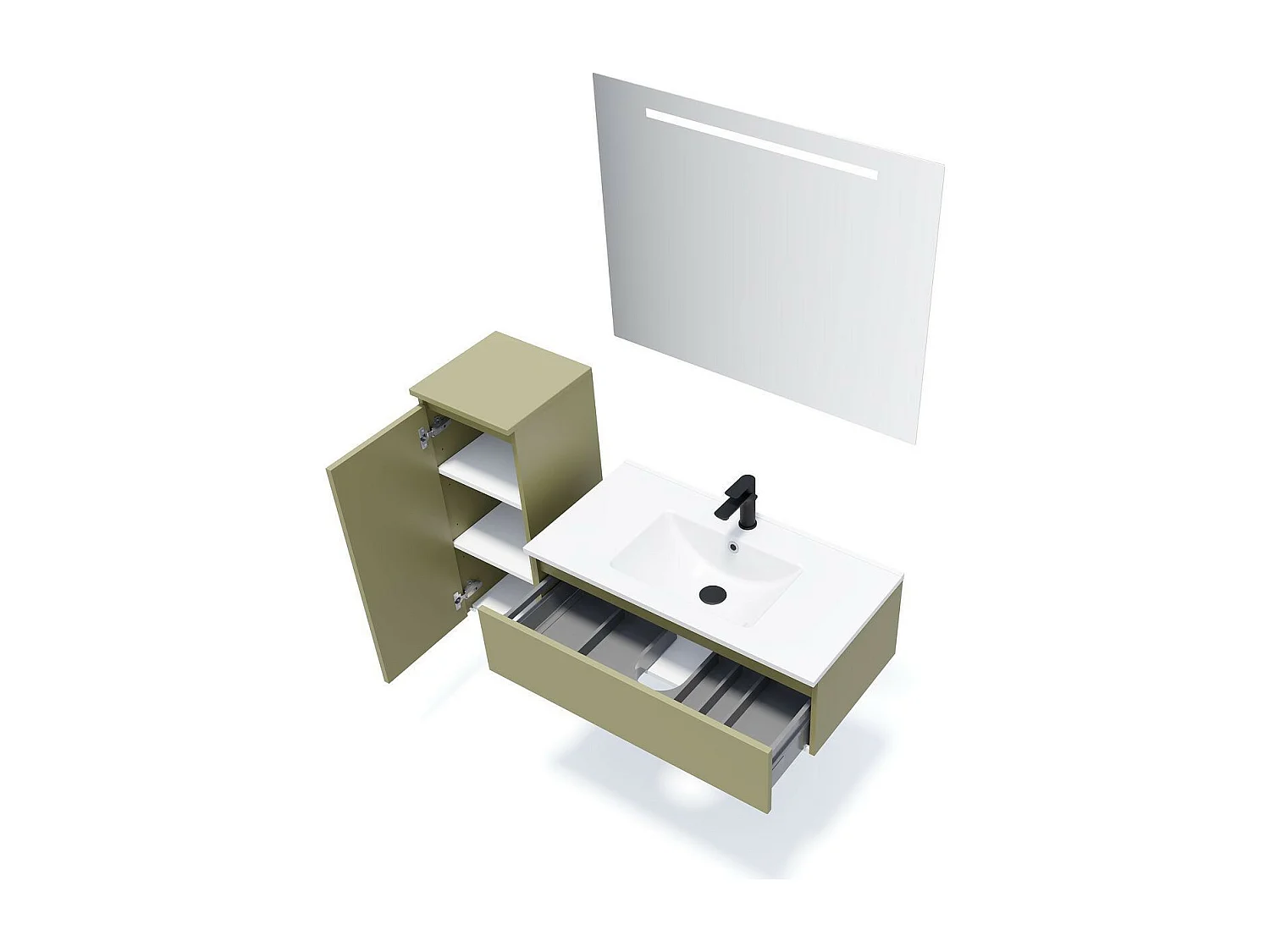 Meuble de salle de bain suspendu vasque intégrée 90cm 1 tiroir Vert olive - Hudson