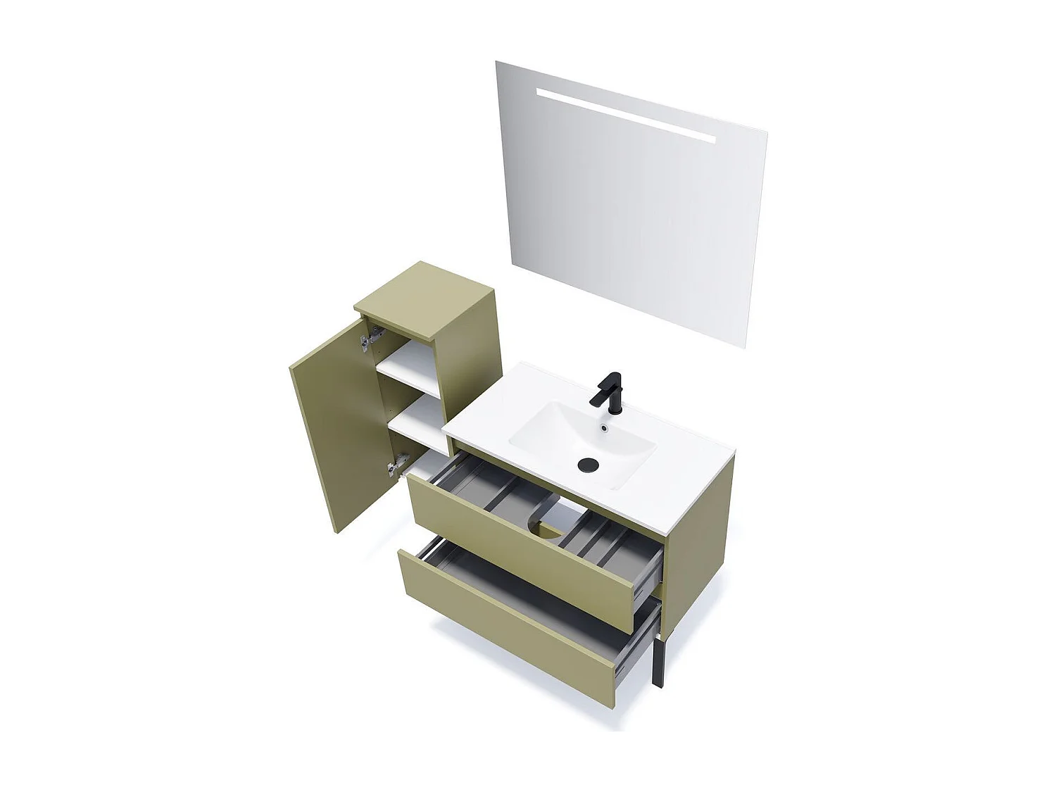 Meuble de salle de bain suspendu vasque intégrée 90cm 2 tiroirs Vert olive - Hudson