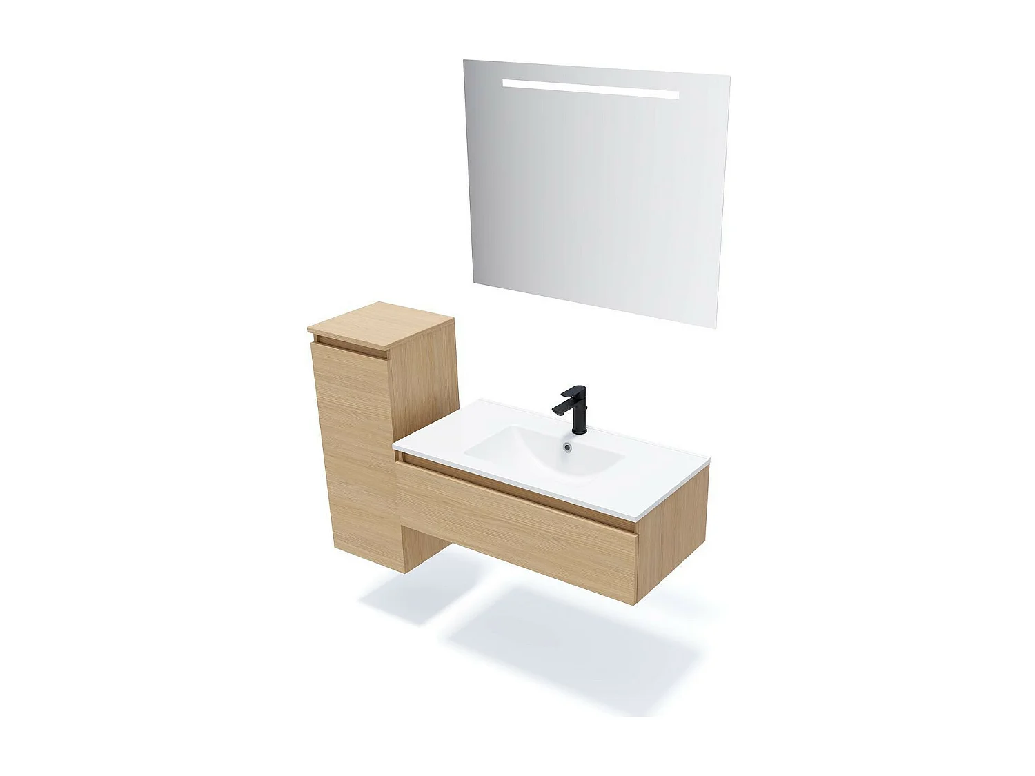 Meuble de salle de bain suspendu vasque intégrée 90cm 1 tiroir Chêne clair - Hudson