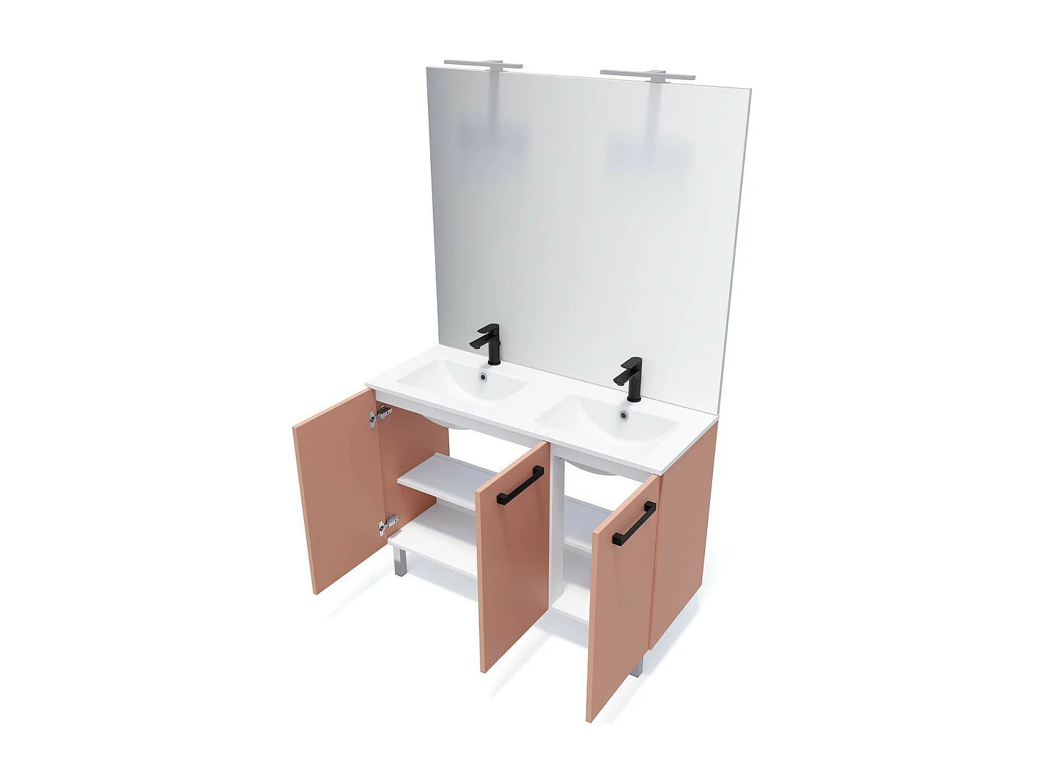 Meuble de salle de bain suspendu avec pieds double vasque intégrée 120cm 3 portes Abricot + miroir - Chelsea