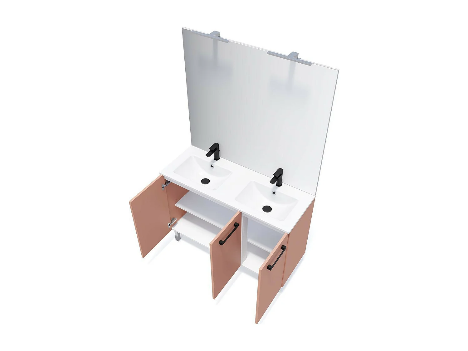 Meuble de salle de bain suspendu avec pieds double vasque intégrée 120cm 3 portes Abricot + miroir - Chelsea