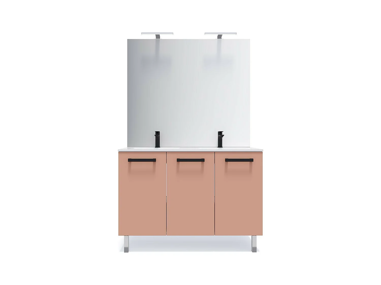 Meuble de salle de bain suspendu avec pieds double vasque intégrée 120cm 3 portes Abricot + miroir - Chelsea
