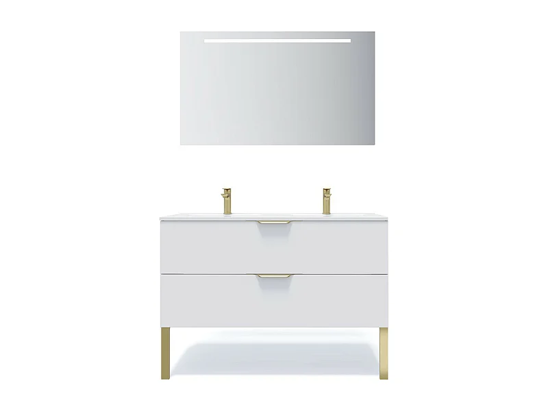 Meuble de salle de bain suspendu double vasque intégrée 120cm 2 tiroirs Blanc + miroir - Venice