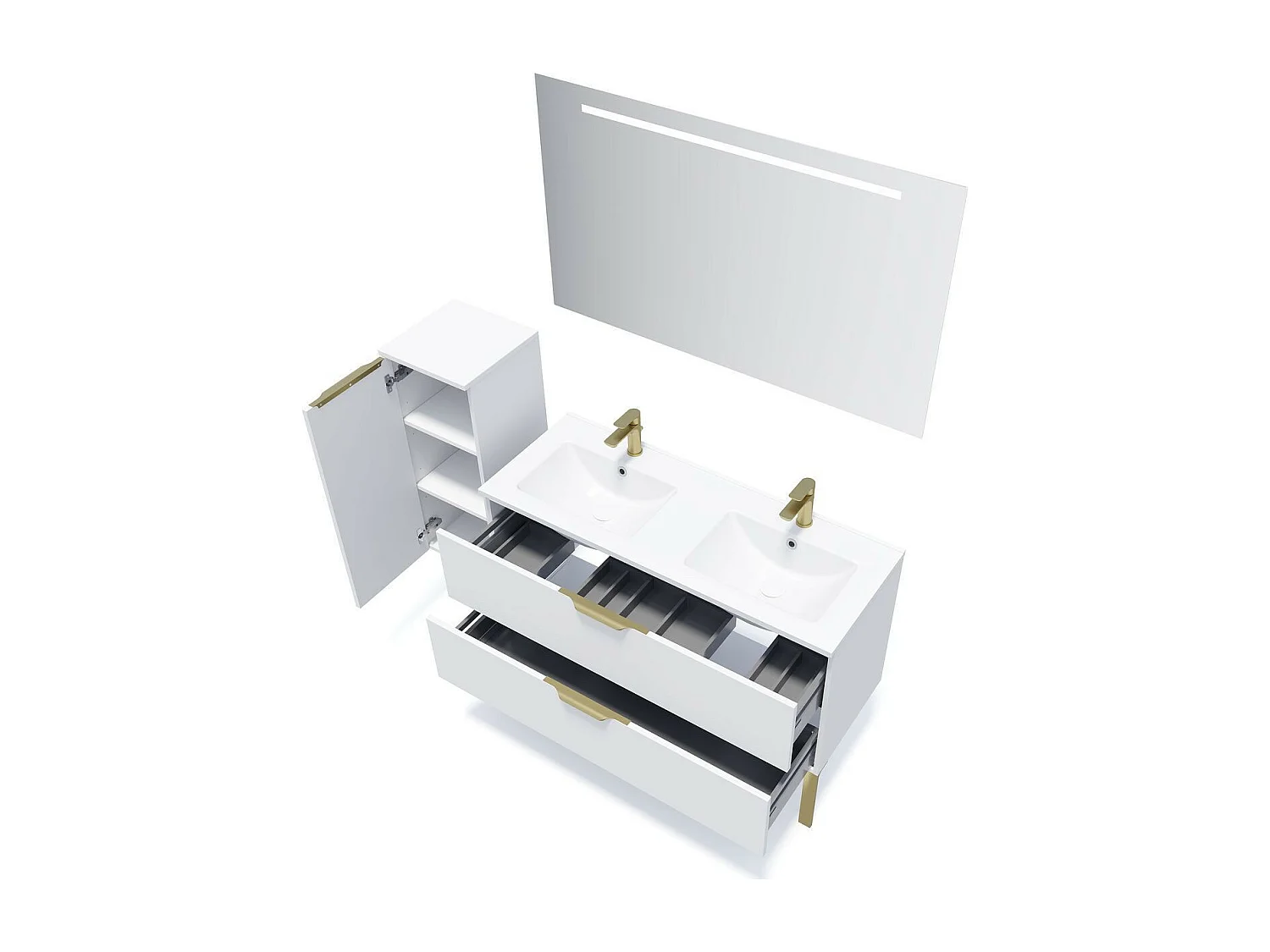 Meuble de salle de bain suspendu double vasque intégrée 120cm 2 tiroirs Blanc + miroir - Venice