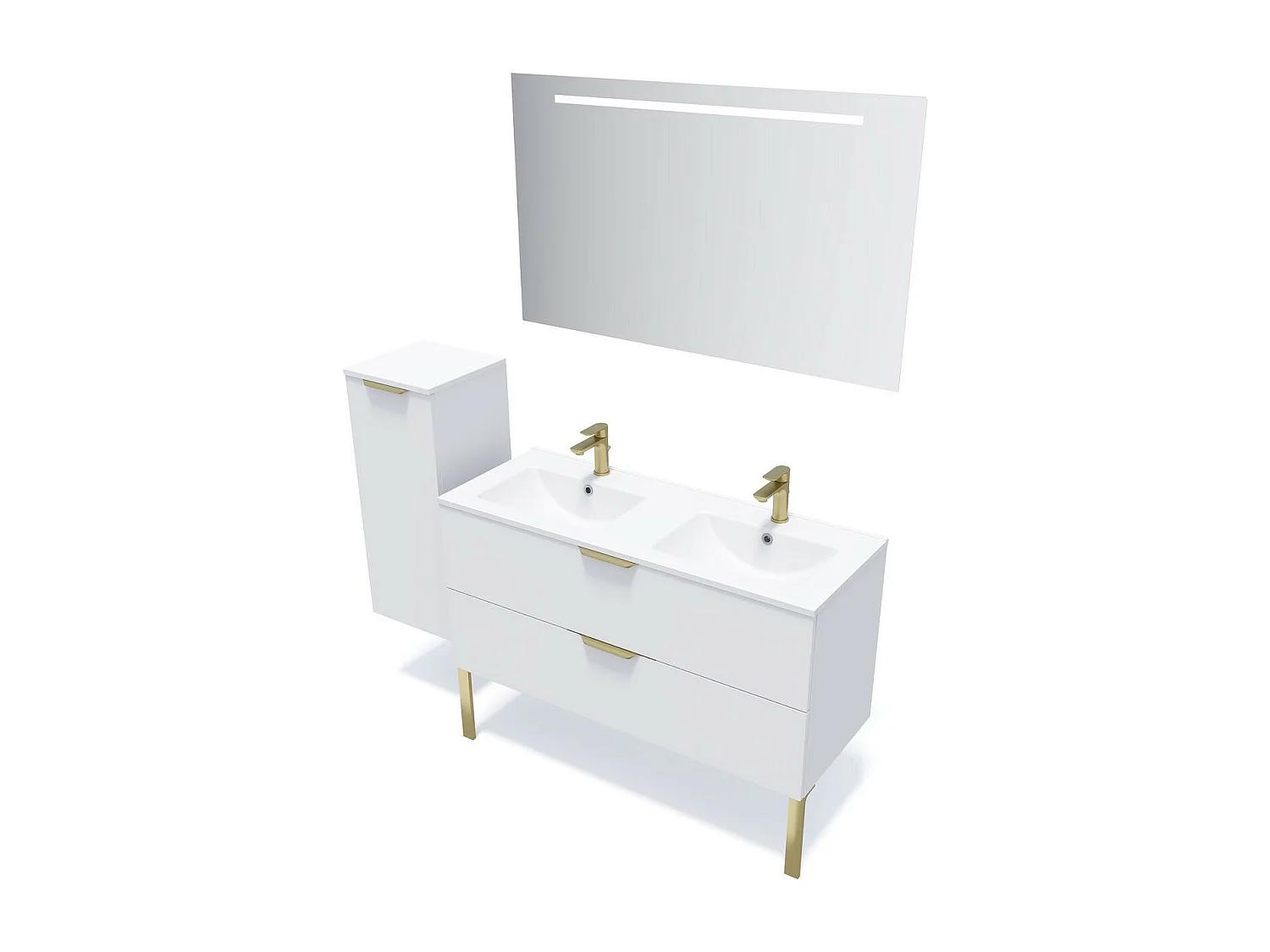 Meuble de salle de bain suspendu double vasque intégrée 120cm 2 tiroirs Blanc + miroir - Venice