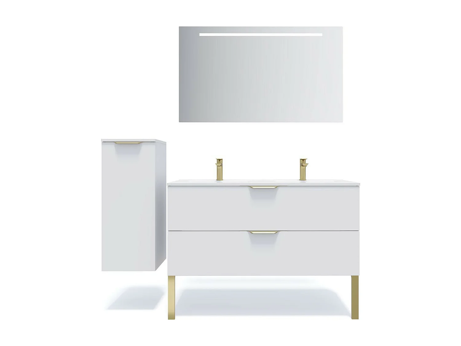 Meuble de salle de bain suspendu double vasque intégrée 120cm 2 tiroirs Blanc + miroir - Venice