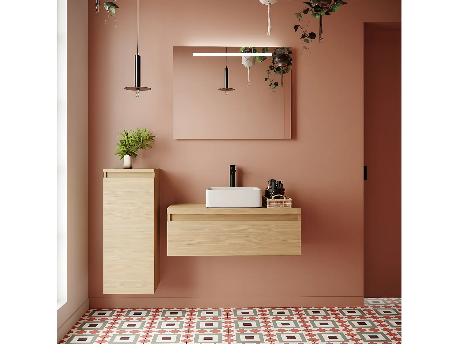 Meuble de salle de bain suspendu vasque à poser 90cm 1 tiroir Chêne clair - Hudson