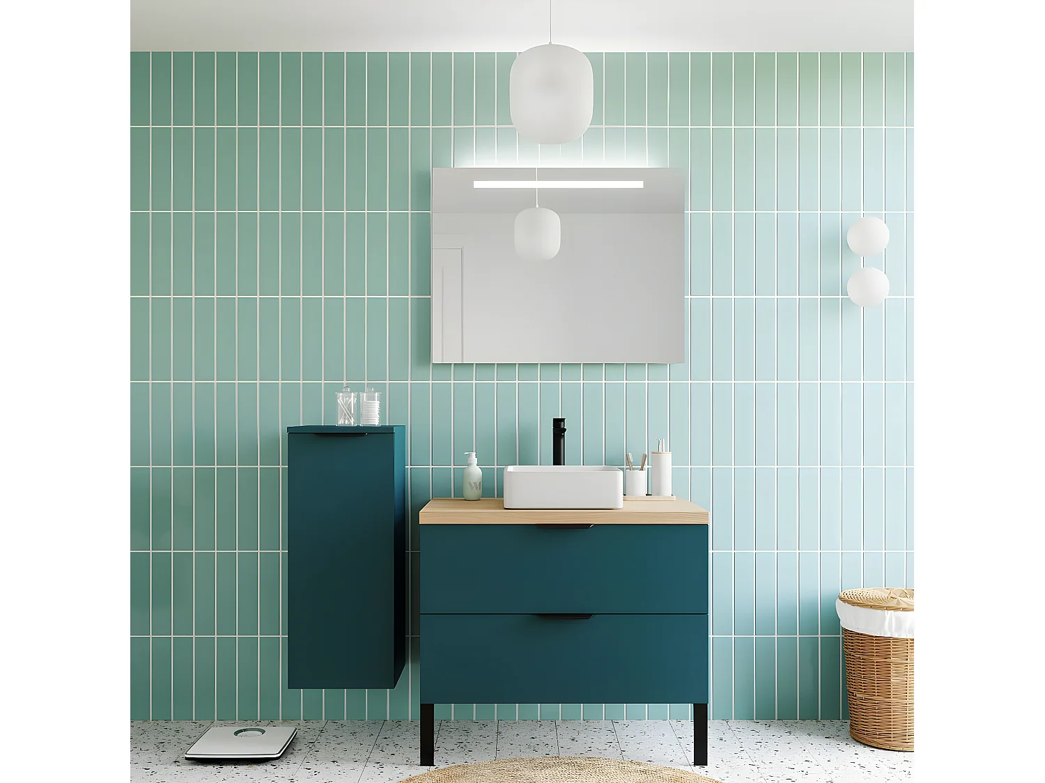 Meuble de salle de bain suspendu vasque à poser 90cm 2 tiroirs Bleu + miroir - Soho