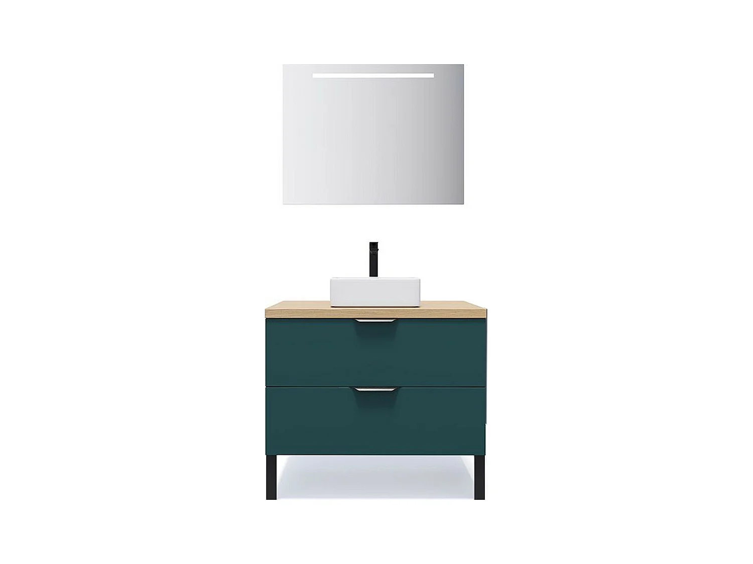 Meuble de salle de bain suspendu vasque à poser 90cm 2 tiroirs Bleu + miroir - Soho