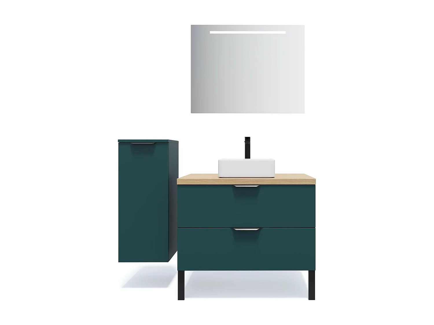 Meuble de salle de bain suspendu vasque à poser 90cm 2 tiroirs Bleu + miroir - Soho