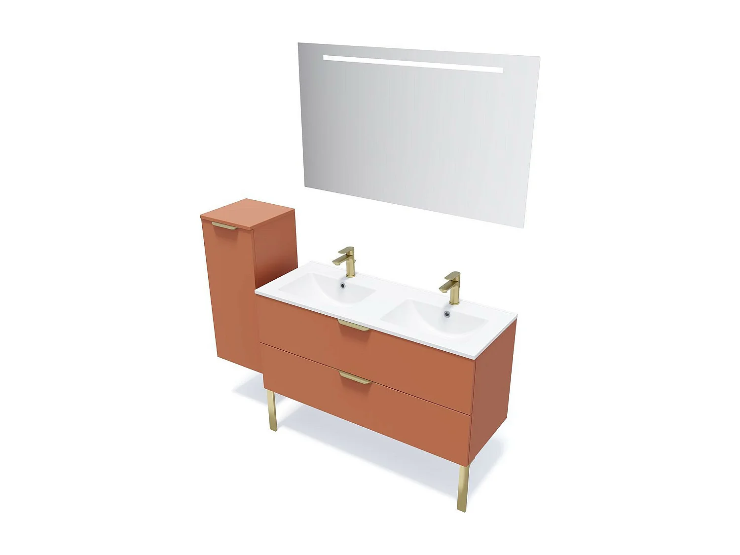 Meuble de salle de bain suspendu double vasque intégrée 120cm 2 tiroirs Terracotta + miroir - Venice