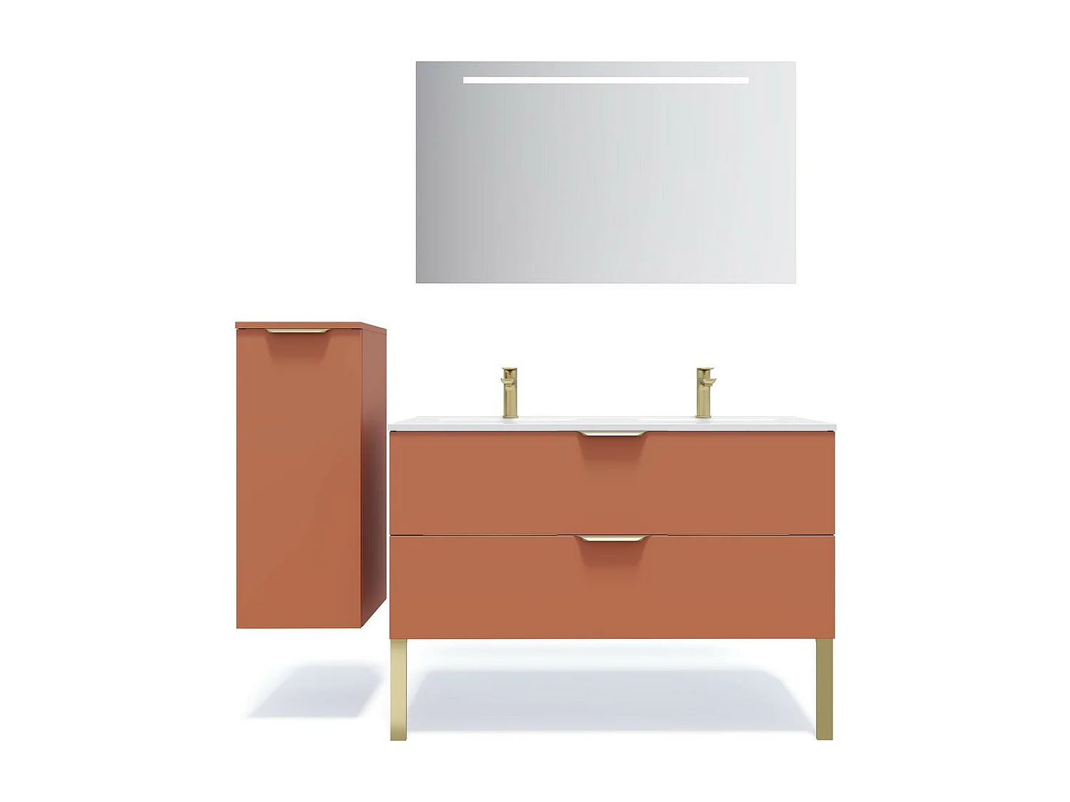 Meuble de salle de bain suspendu double vasque intégrée 120cm 2 tiroirs Terracotta + miroir - Venice