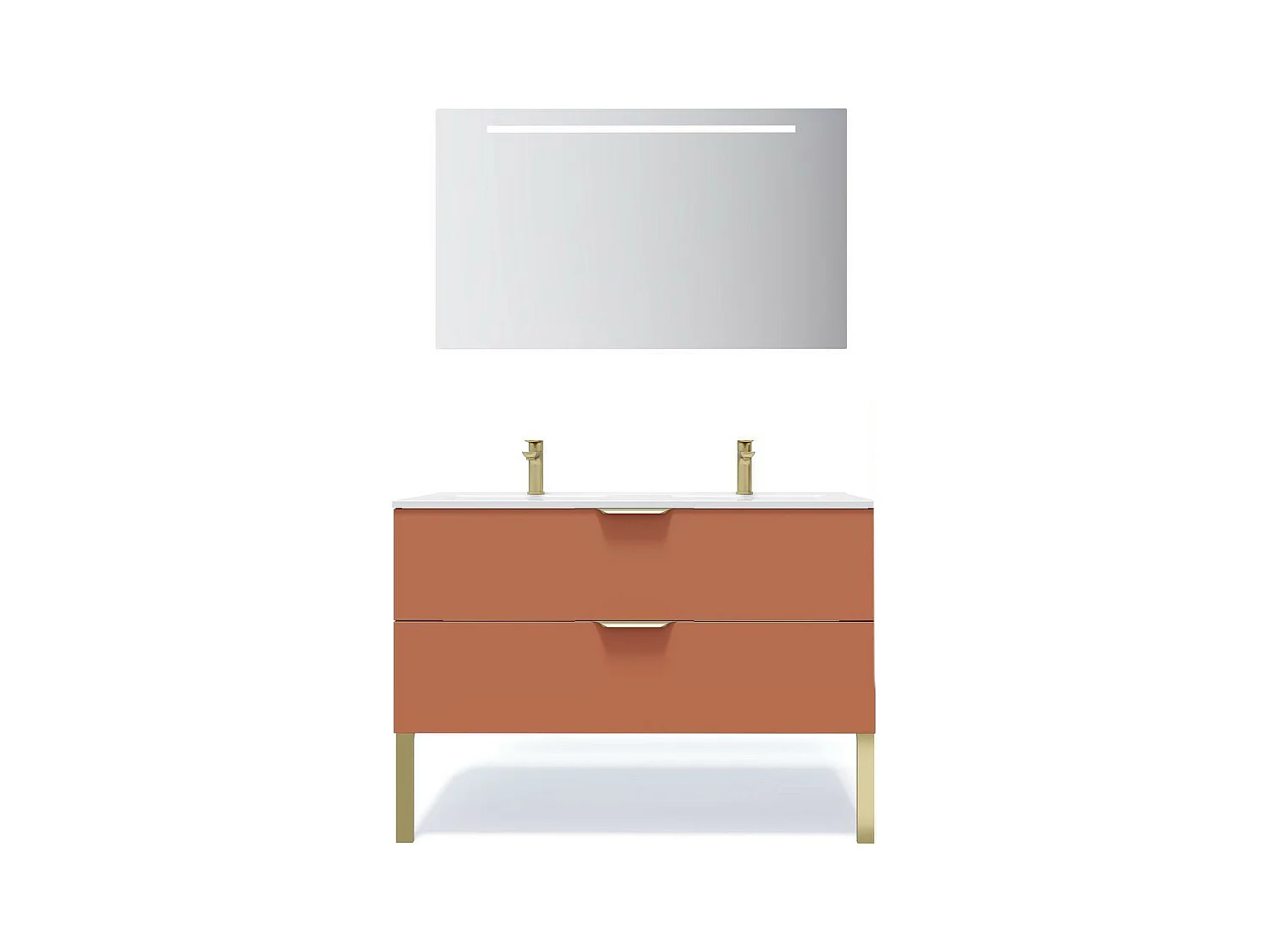 Meuble de salle de bain suspendu double vasque intégrée 120cm 2 tiroirs Terracotta + miroir - Venice