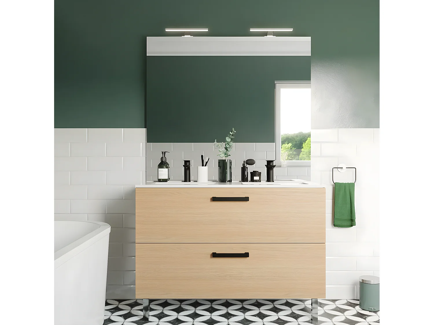 Meuble de salle de bain suspendu avec pieds double vasque intégrée 120cm 2 tiroirs Chêne clair + miroir - Chelsea