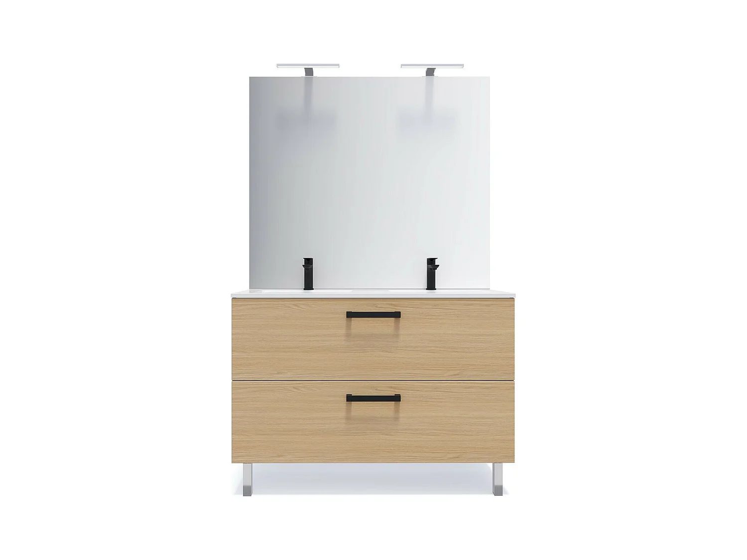 Meuble de salle de bain suspendu avec pieds double vasque intégrée 120cm 2 tiroirs Chêne clair + miroir - Chelsea