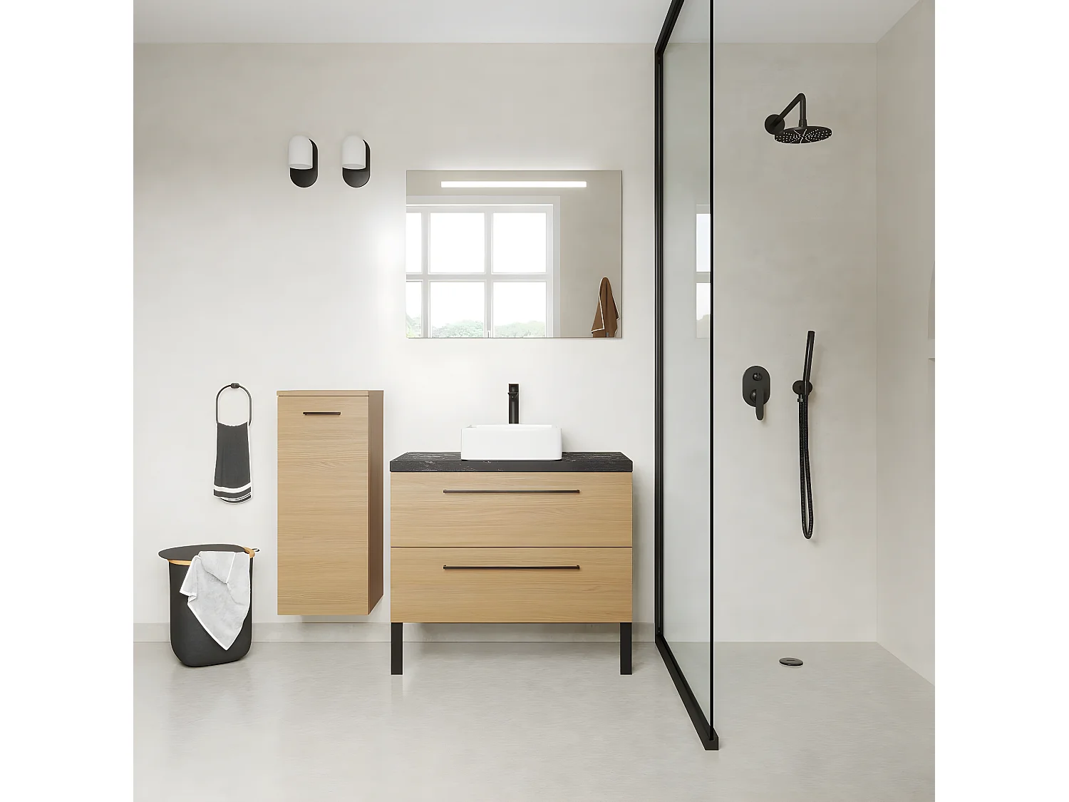 Meuble de salle de bain suspendu vasque à poser 90cm 2 tiroirs Chêne clair - Glasgow