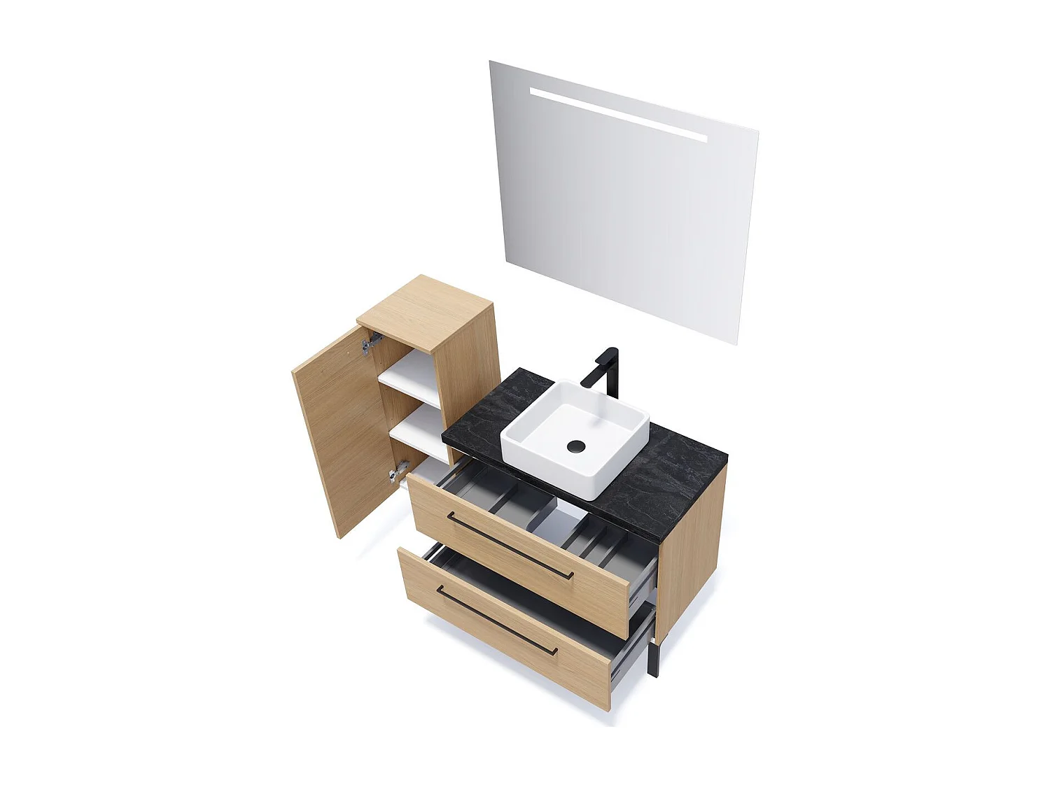 Meuble de salle de bain suspendu vasque à poser 90cm 2 tiroirs Chêne clair - Glasgow