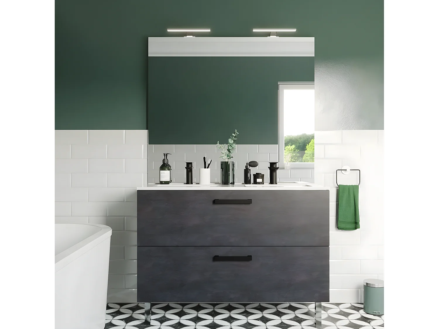 Meuble de salle de bain suspendu avec pieds double vasque intégrée 120cm 2 tiroirs Ardoise métallisée + miroir - Chelsea