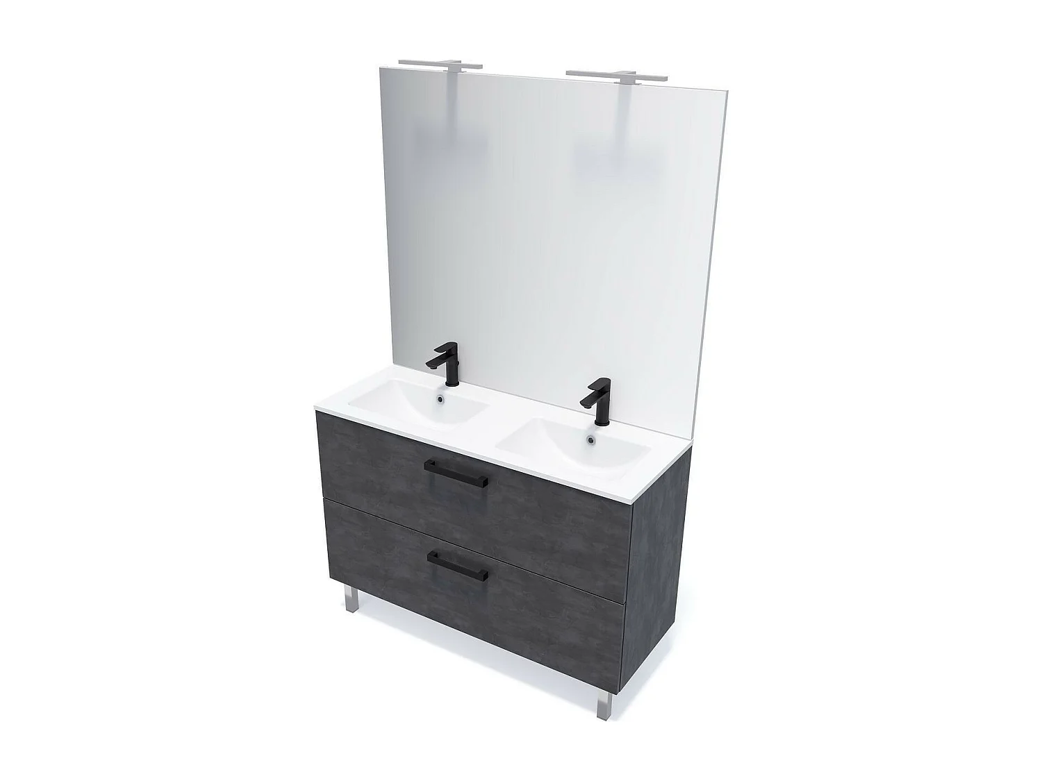 Meuble de salle de bain suspendu avec pieds double vasque intégrée 120cm 2 tiroirs Ardoise métallisée + miroir - Chelsea