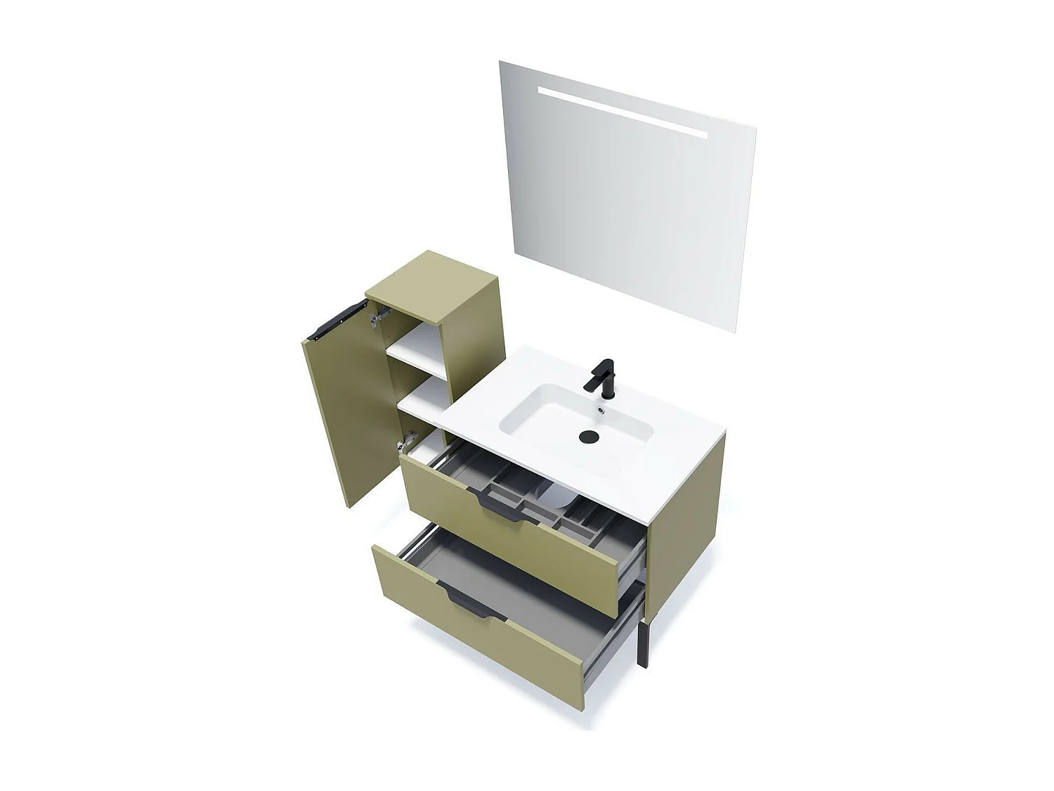 Meuble de salle de bain suspendu vasque intégrée 90cm 2 tiroirs Vert olive - Soho