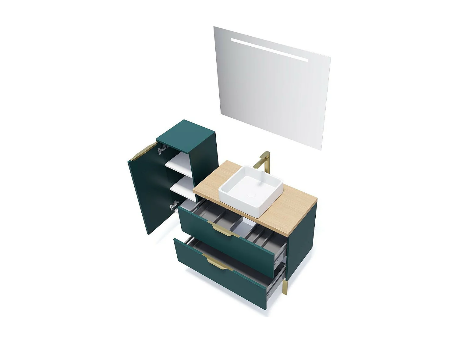 Meuble de salle de bain suspendu vasque à poser 90cm 2 tiroirs Bleu + miroir - Venice