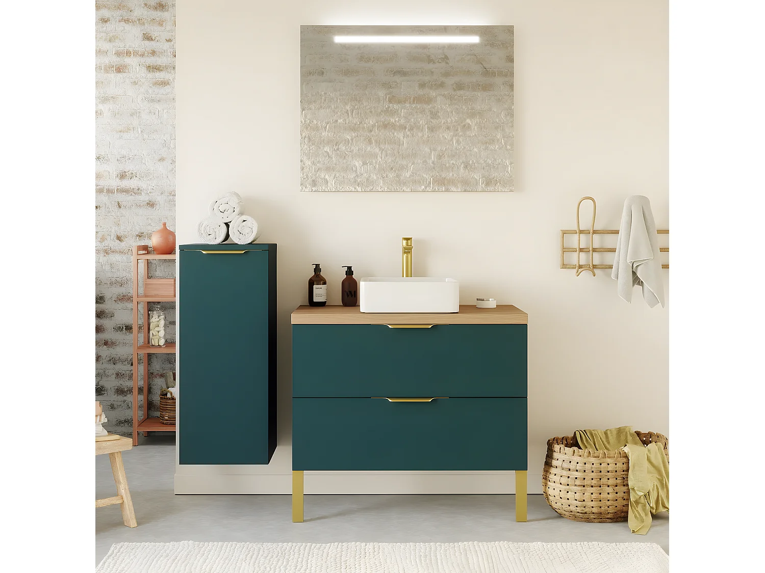 Meuble de salle de bain suspendu vasque à poser 90cm 2 tiroirs Bleu + miroir - Venice