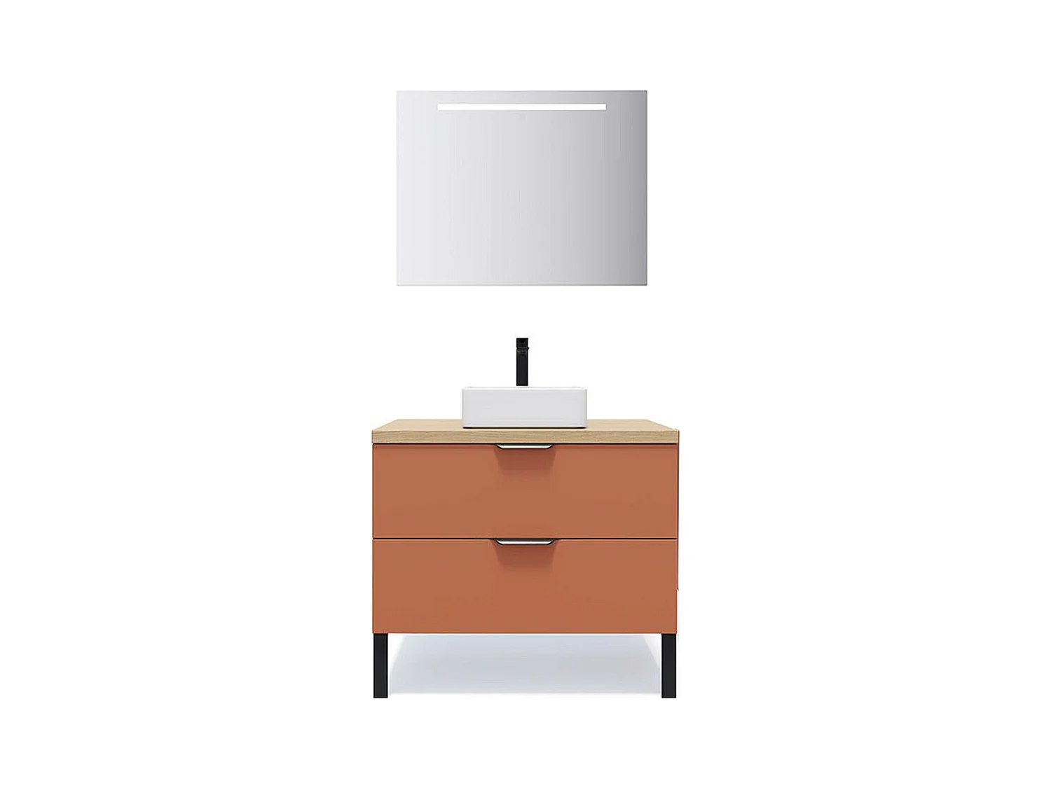 Meuble de salle de bain suspendu vasque à poser 90cm 2 tiroirs Terracotta + miroir - Soho
