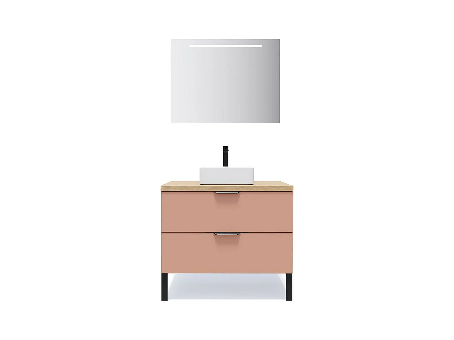 Meuble de salle de bain suspendu vasque à poser 90cm 2 tiroirs Abricot + miroir - Soho