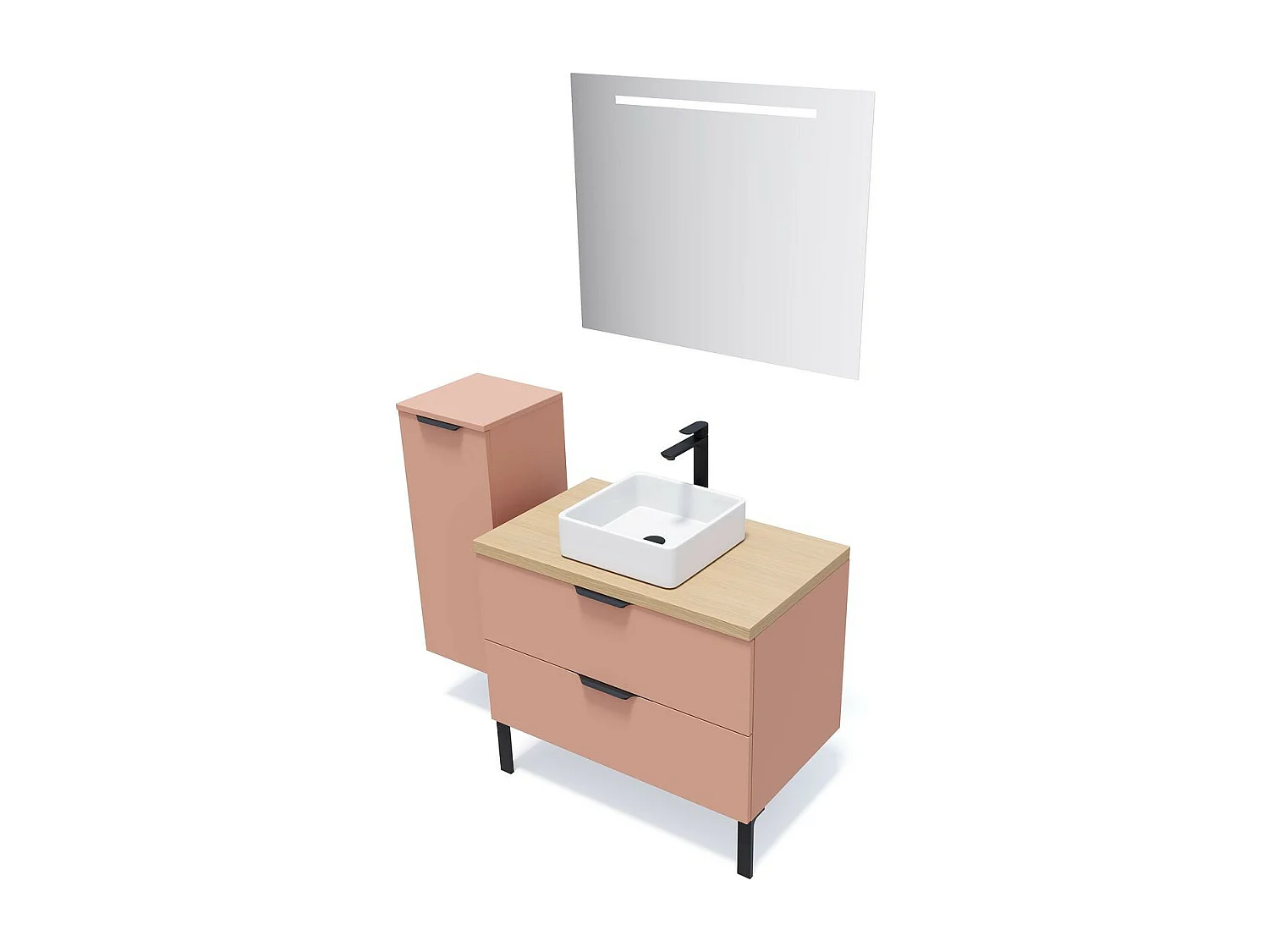 Meuble de salle de bain suspendu vasque à poser 90cm 2 tiroirs Abricot + miroir - Soho