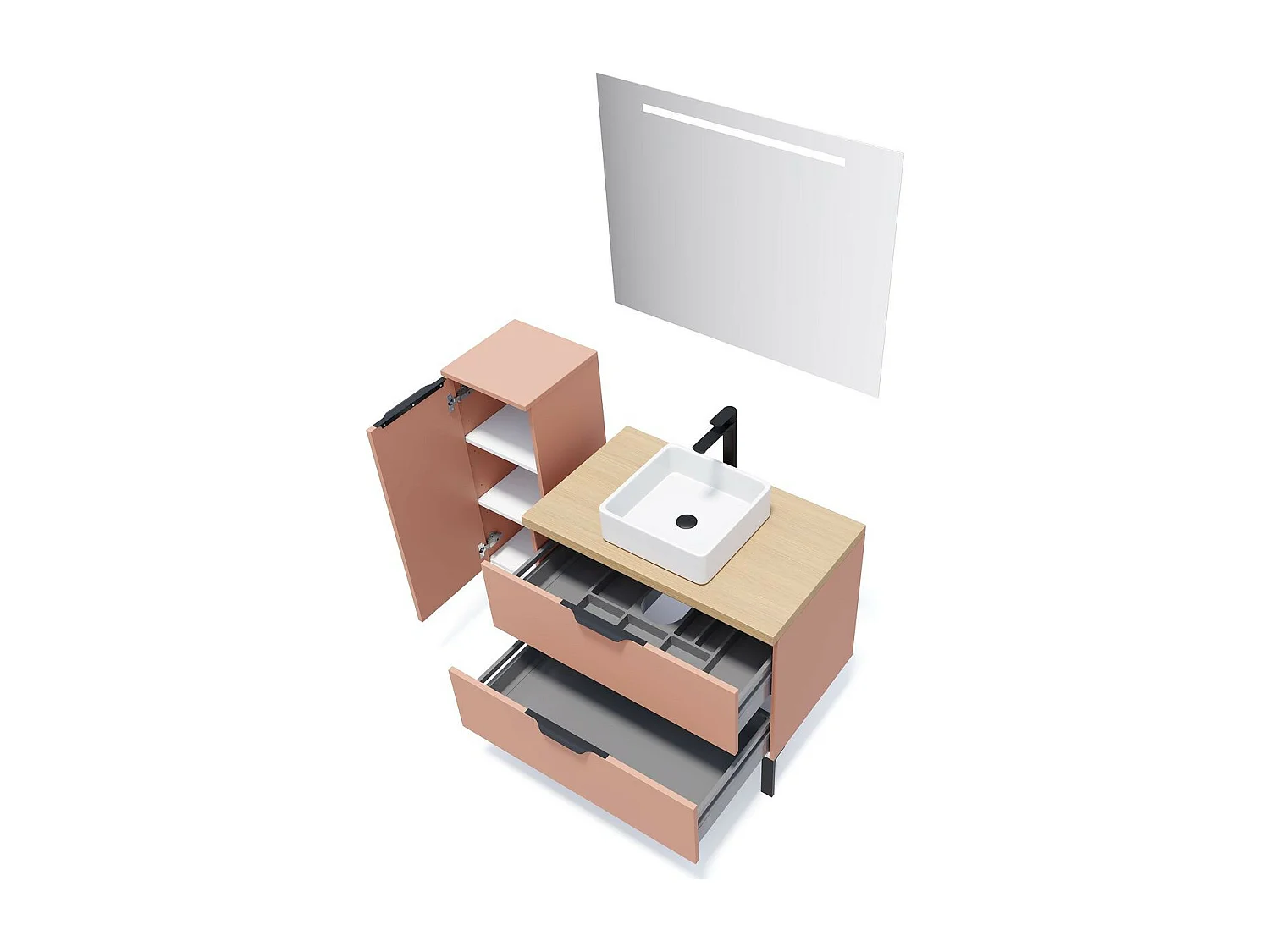 Meuble de salle de bain suspendu vasque à poser 90cm 2 tiroirs Abricot + miroir - Soho